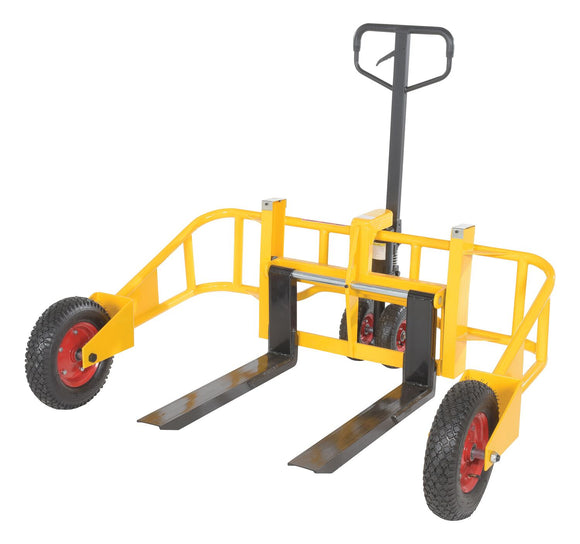 Vestil Steel Manual All-Terrain Pallet Truck Adjustable Width Forks 2,000 Lb. Capacity Yellow