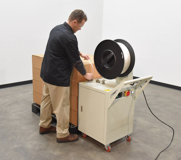 Vestil Steel Semi Automatic Pallet Probe Strapping Machine 23 In. x 31-1/2 In. x 55 In. 175 Lb. Maximum Tension White