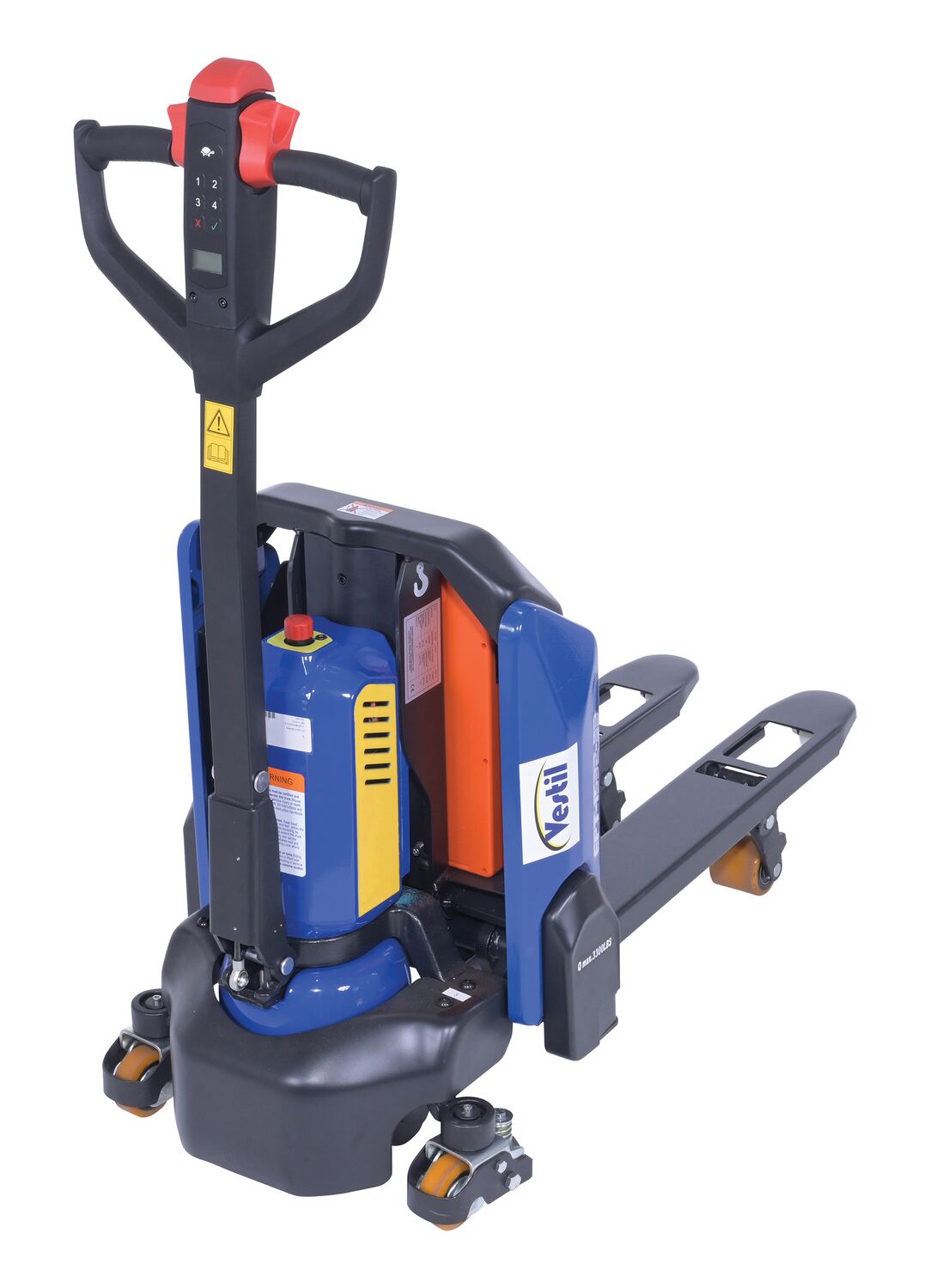 Vestil Steel Fully Powered Electric Pallet Truck 3,300 Lb. Capacity Blue / Black / Red